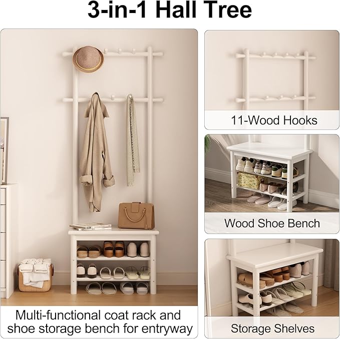 AQIMUELE Coat Rack with Shoe Storage, Narrow Wooden Hall Tree with Bench, 11 Hooks and 2-Tier Storage Shelves, 3-in-1, Entryway Bench with Coat Rack (23.6"-Deep White)