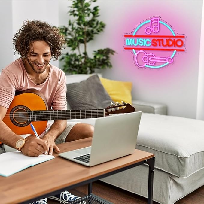 Music Studio LED Neon Signs for Wall Decor Neon Wall Art Acrylic LED Lights with Hanging Chain Light Up for Bedroom Decor Graduation Bar Pub Wedding Party 5V USB Powered Dimmable