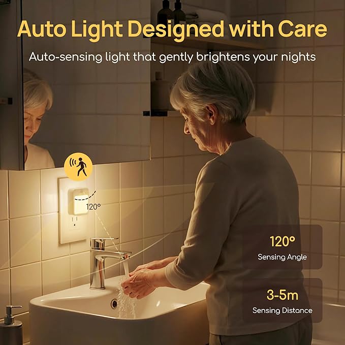 Plug-in Night Light with Motion Sensor, Dusk-to-Dawn Light Sensor, Stepless Dimming LED Night Lights for Bedroom, Hallway, Bathroom, Kids Room, Energy Efficient, 2-Pack