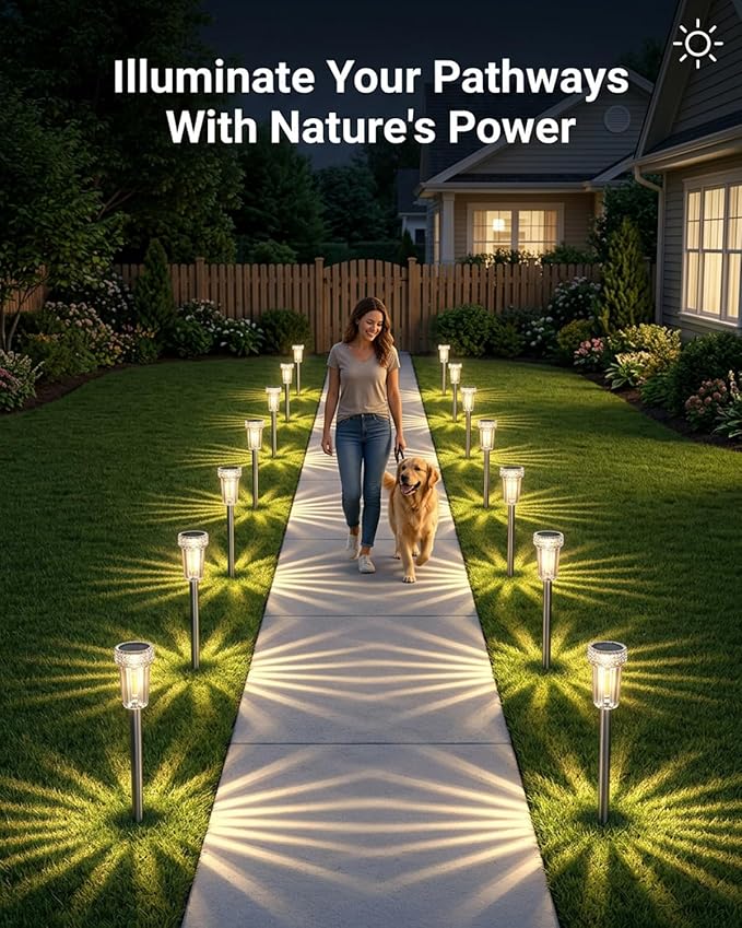 DERAYSION Solar Lights Outdoor, 8 Pack Solar Pathway Lights Dusk-to-Dawn Garden Lighting, Waterproof LED Stainless Steel Pole, Outdoor Solar Lights for Path Walkway Yard Driveway Decor - Warm White
