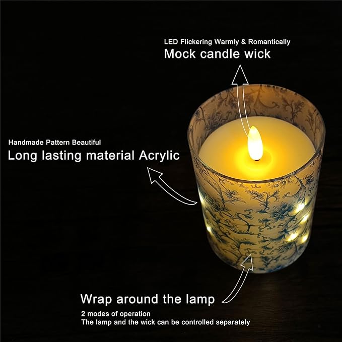 Blue Floral Flameless LED Pillar Candles with String Lights, 3pcs Battery Operated Flickering Candles with Remote Timer, Decorative Flower Printed Candles for Wedding Home Decor Romantic Ambiance