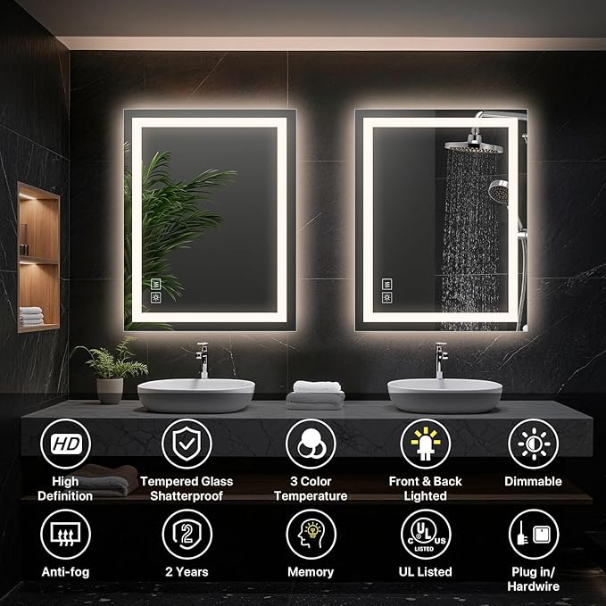 36x28 Bathroom Mirror with Light, Anti-Fog Wall Mount Vanity Mirror Dimmable & 3 Color Temperatures, Smart Memory Large Mirrors for Over Sink, UL Listed, Plug in or Hardwire Installation