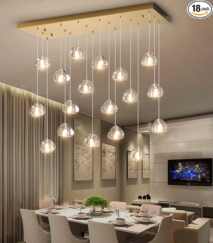 W35 x D11.8 x H118 Rectangular Chandelier Bubble Crystal Balls Glam Chandeliers Dimmable Light High Ceiling Pendants Light Fixtures Adjustable Long Lights Antique Gold