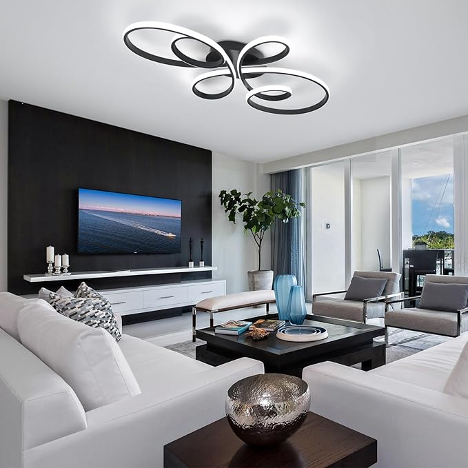 66W Modern LED Ceiling Light, Flower Flush Mount Light Fixture with Remote Control Black Dimmable Ceiling Lamp for Living Room, Bedroom, Dining Room, Hallway, Kitchen