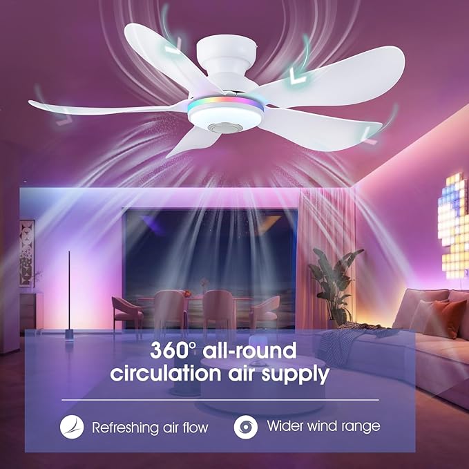 46" Ceiling Fans with RGB Lights Remote/APP Control, Flush Mount, 3 CCT Dimmable White Lights+RGB Ring Lights+Music Player, 5 Reversible Plastic Blades 6 Speeds for Party Bar, White