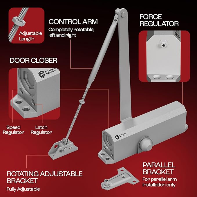PrimeWare DC-600 Automatic Adjustable Door Closers for Home | Soft Close, No Slam | Residential and Commercial Door Closer | Level 1-6 | for Doors Weighing 30-300 lbs | Hydraulic Door Spring - Nickel