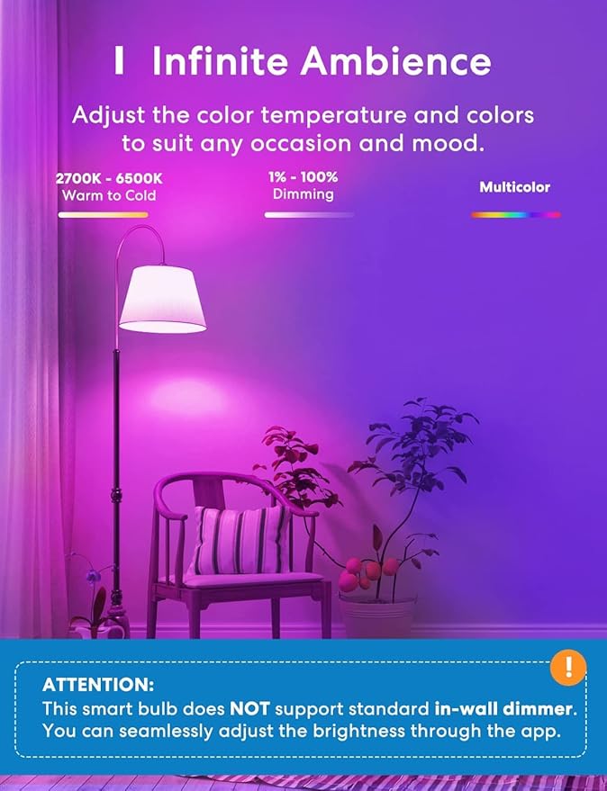 meross Smart Light Bulb, Smart WiFi LED Bulbs Works with Alexa, Google Home, Dimmable E26 Multicolor 2700K-6500K RGB, 810 Lumens 60W Equivalent, No Hub Required (4)