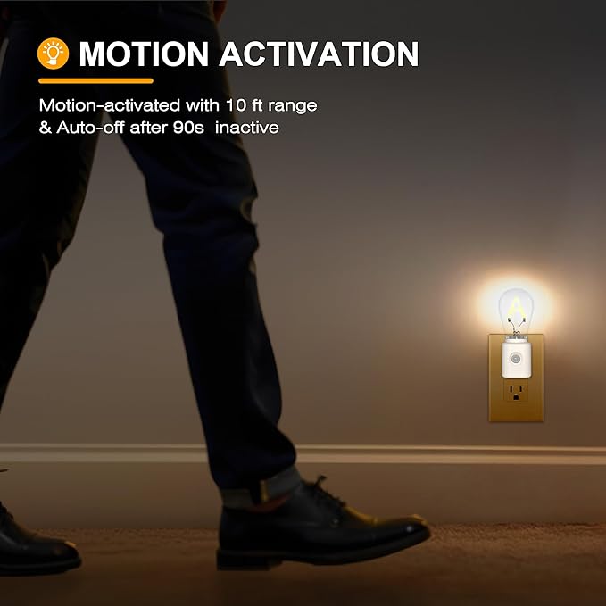 Plug-in LED Night Light with Motion Sensor, Dimmable 2200K Warm, A-Type Nightlight with Adjustable Brightness, 1-Pack