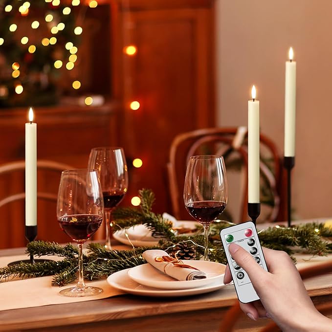 GenSwin Flameless Taper Candles with Remote Timer, Real Wax LED Taper Candles Battery Operated with 3D Flame, 3Pcs Flickering Flamless Candlesticks for Halloween Christmas Decor(Ivory, 0.78” x 9.8”)