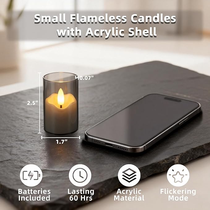 Rechargeable Gray Acrylic Flameless Tea Light 1.7"x2.5" with Remote Control & Timer, Flickering Warm White LED Votive Candles for Home, Wedding, Holiday Decor (Pack of 6)