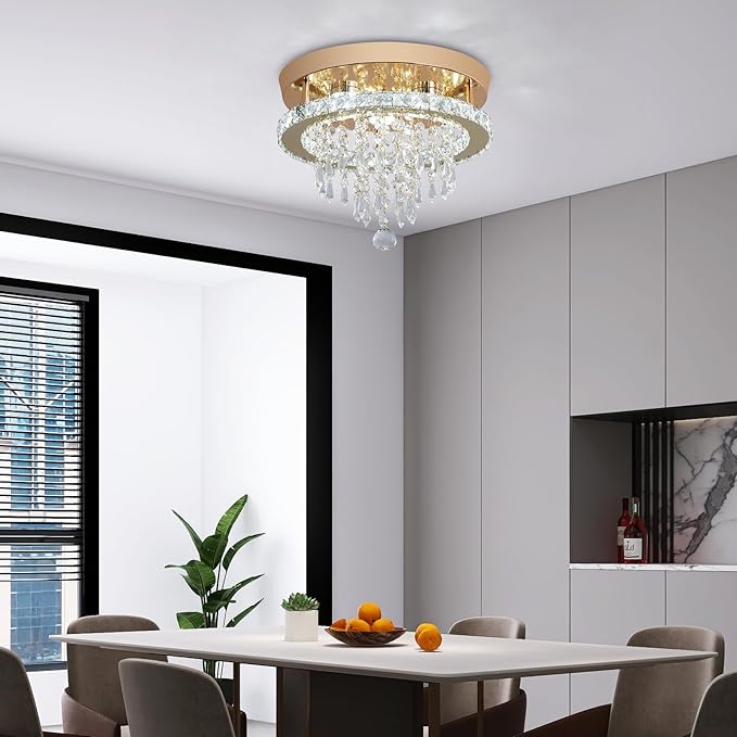 Deckrico Modern Gold Crystal Chandelier 11.8" LED Ceiling Light, Flush Mount Lighting Fixture for Bedroom, Hallway, Kitchen, Dining Room – Cool White