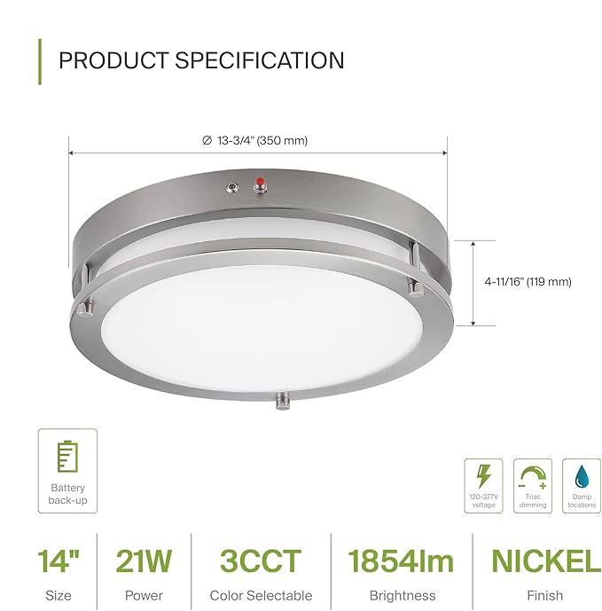 ASD LED 14" Round Flush Mount Lighting, Close to Ceiling Light Fixture | 3CCT, Dimmable, Battery Backup, ETL Listed | 21W 1854LM 3000-5000K 100-277V | Low Profile Double Ring Lamp | Nickel