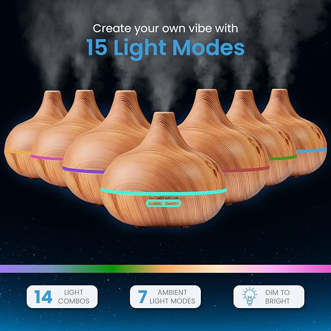 Ultimate Aromatherapy Diffuser & Essential Oil Set - Ultrasonic Top 10 Oils Modern with 4 Timer 7 Ambient Light Settings Therapeutic Grade Lavender