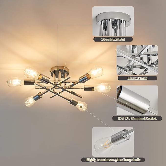 ASGYISA 6-Lights Semi Flush Mount Ceiling Light Fixture Modern Chrome Matte Sputnik Chandelier Farmhouse Ceiling Lighting for Kitchen Bedroom Dining Room Living Room