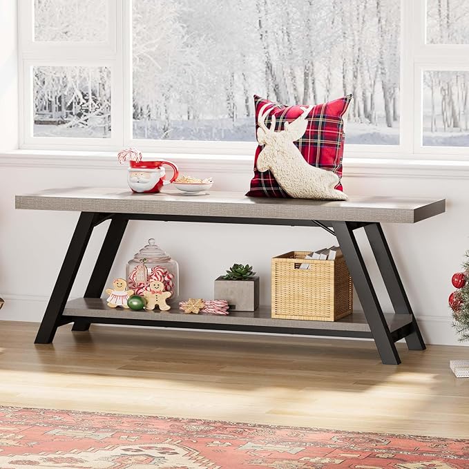 LVB Industrial Entryway Bench, Wood and Metal Storage Bench, Indoor Farmhouse Hallway Accent Entry Bench for Seating Sitting, Shoe Rack Organizer Cabinet in Foyer Bedroom, Light Grey Oak, 47 Inch Long