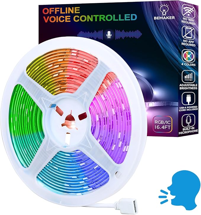 AI Voice Activated Led Lights Strip, Indoor Kids Bedroom Night Lighting RGB IC, Multiple Dimmable Color Changing Smart Lights, No App/No WiFi Required, Strong Adhesive Music Sync 16.4ft USB Powered