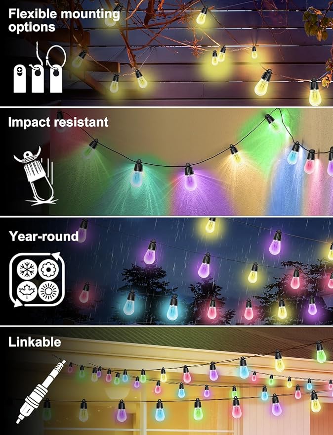 150ft String Lights for Outside, Smart RGB IC Warm White Patio Lights Outdoor Waterproof with Remote & App Control, Compatible with Alexa Great for Porch, Yard, Pergola