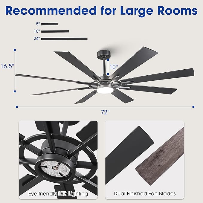 Ceiling Fans with Lights and Remote/ APP, 72 Inch Farmhouse Chandelier Ceiling Fan for Bedroom Living Room, Black Industrial Lighting Ceiling Fans Outdoor Indoor, 6-Speed DC Motor Reversible 8 Blades