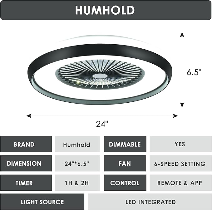 24" Bladeless Ceiling Fan with Light Remote, Smart LED Ceiling Fans with App Control, Modern Low Profile Dimmable Light Ceiling Fan for Bedroom Living Room Black