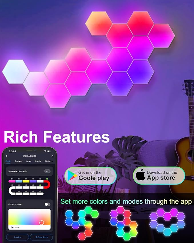 Hexagon LED Lights 8 Pack, Smart RGB Wall Decor with APP/Voice Control, Music Sync, DIY Modular Honeycomb Lights for Gaming Room, Bedroom, Home Theater Wall Decor