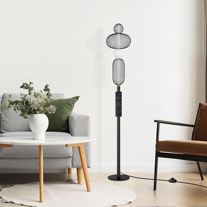NUÜR LED Dimmable Floor Lamp with Remote & Foot Switch, Adjustable Color Temperature & Stepless Dimming, Modern Industrial Mesh-Shade Tall Standing Lamp, Black Corner Lamp for Living Room Bedroom