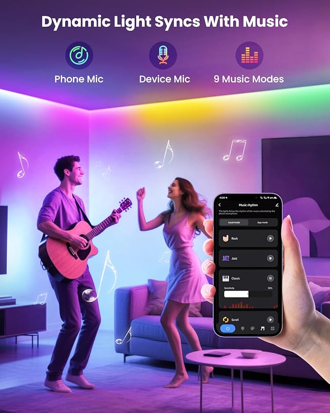 9.84ft RGB+IC LED Lights for 32-43 Inch TV, Backlight Strip Behind TV with Music Sync, Bluetooth APP and Voice Control, 44 Scene Modes, for Ambient Mood Lighting, Monitor Game, Bedroom, Living Room