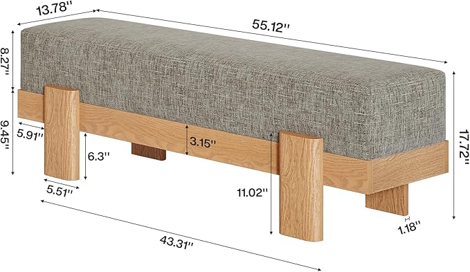 Tribesigns 55-Inch Upholstered Entryway Bench, Modern Shoe Bench with Ultra-Plush Thick Cushion and MDF Frame, End of Bed Stool Long Ottoman for Entrance, Living Room (Gray & Oak)