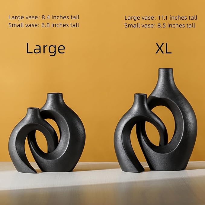 Extra LargeMatte Black Ceramic Vase Set of 2 Vase for Pampas Grass, Modern Circle Donut Aesthetic Flower Decorative Vases for Nordic Style Boho Home Decor (W 6.8" X H 11")