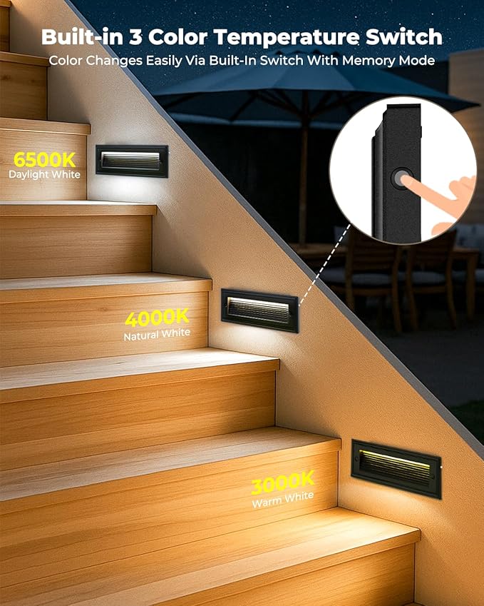 9 Inch Low Voltage Outdoor Step Lights, 12V 5W LED Stair Light Indoor & Outdoor, 3CCT 3000K/4000K/6500K, IP65 Waterproof Step Light for Landscape Lighting, Stair, Deck, Pathway, Walkway, Pack of 4