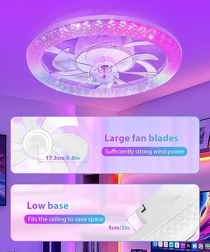 20” Low Profile Ceiling Fan with Light - 2-in-1 Bladeless Safety Design for Kids, RGB+CCT Dimmable, Smart APP/Remote Control, Quiet Flush Mount DC Motor, Ideal for Bedroom/Living Room/Kitchen
