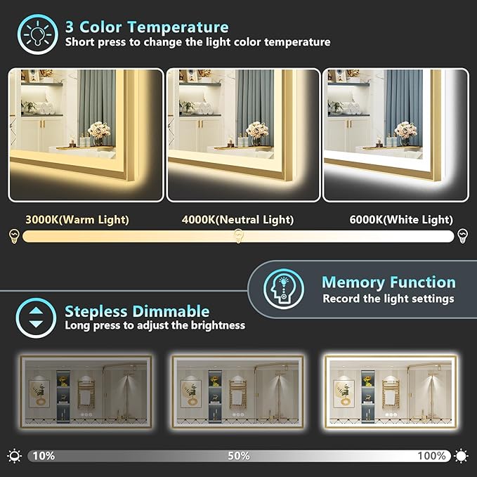 77x36 Gold Beveled LED Bathroom Mirror with Lights, Brushed Gold Framed Backlit and Front Lit Anti-Fog Lighted Vanity Mirrors for Bathroom Wall, Dimmable, 3 Colors, Memory, HD Tempered Glass
