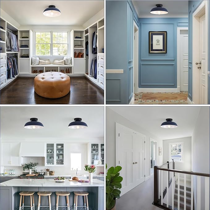 12 Inch Metal Semi Flush Mount Ceiling Light Fixture Industrial Small Ceiling Lights Kitchen Lighting Fixtures Ceiling with Navy Blue Shade for Hallway Entryway Bedroom Foyer Bathroom Laundry Room