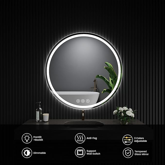 LED Bathroom Mirror 22 Inch Round Bathroom Mirror with Lights, Circle Wall Mirror with 3 Colors Brightness, Anti-Fog for Bathroom Vanity, Entryway Living Room