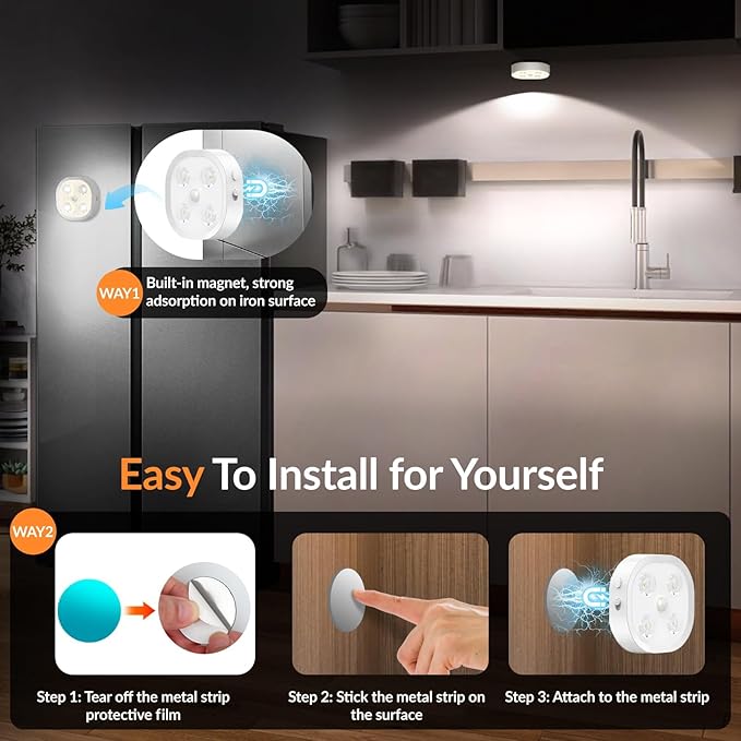 Puck Lights with Remote, 13 Colors Rechargeable Night Light, 1500mAh Under Cabinet Motion Sensor Lighting with Multicolor and Timing Function, RGB Puck Lights for Cabinets Kitchen, Stairs (4P）