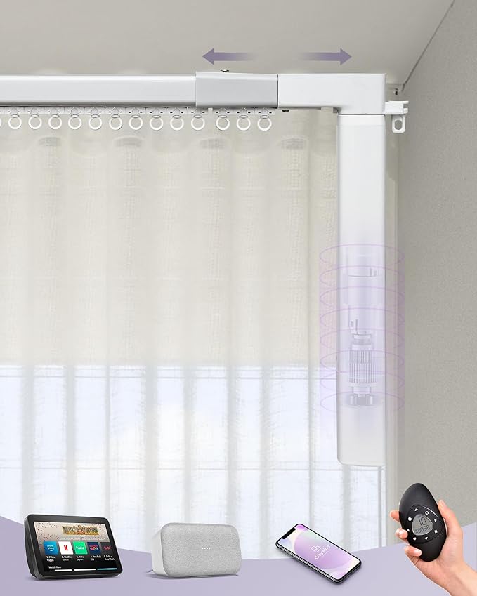 Graywind Retractable Smart Curtain Track Motorized Center-Opening Rail, Smart Curtains System Compatible with Alexa/Google Home (87-157inch)