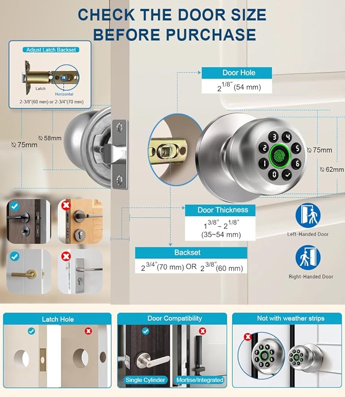 Fingerprint Door Lock, Smart Fingerprint Door Knob with Keypad, Biometric Door Lock with App Control, Auto Lock Door Lock with Code, Keyless Door Knob with Lock for Bedroom, Home-Burnished Silver