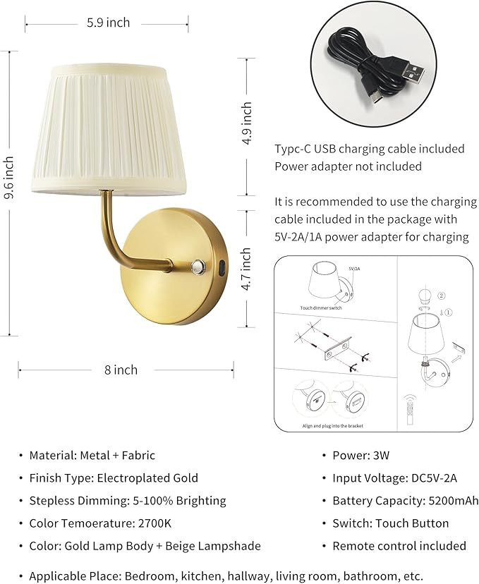 PUSU LED Cordless Gold H9.6 inch Small Wall Sconces Set of 2, Rechargeable 5200mAh Battery Operated Fabric Wall Lamp with Remote, Lighting for Living Room, Bedroom, Hallway, Bathroom, Stairs, Kitchen