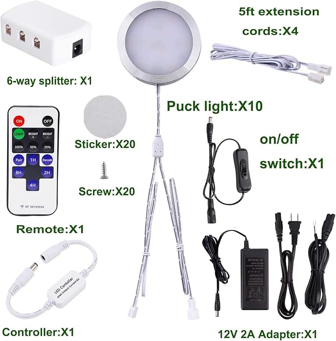 AIBOO Linkable Under Cabinet LED Lighting 12V Dimmable Puck Lights with Wireless RF Remote Control, Hardwired & Wall Plug in for Display Lighting(10 Lights, Daylight White)