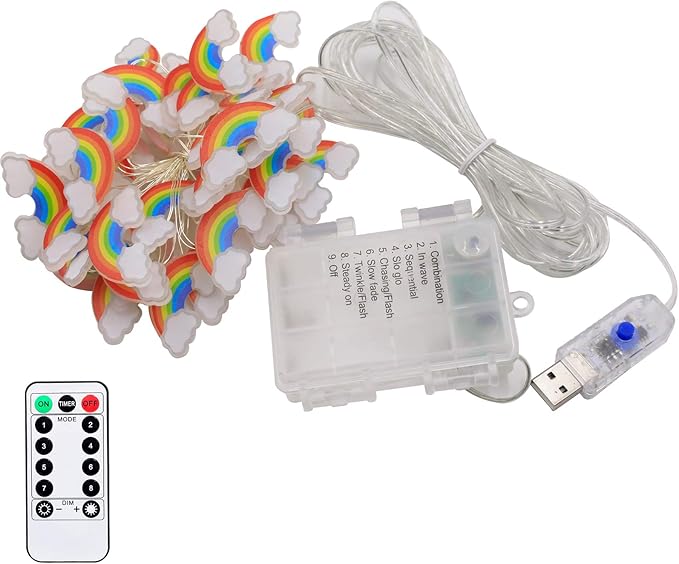 Rainbow String Lights 40 LED Decorative Fairy Light Indoor & Outdoor 8 Modes USB & Battery Powered Lights 13ft Twinkle Lights with Remote Control Timer for Children Kids Bedroom Decoration