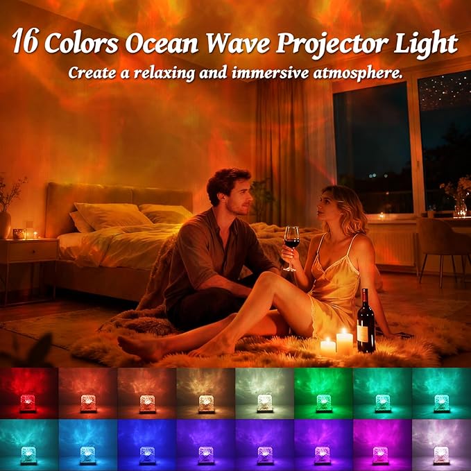 ELOUYCKE Ocean Wave Projector Light, 16 Colors Galaxy Projector Night Light Water Ripple Lamp Ambient Lighting with Remote Control, Mood Lights for Bedroom Shower Office Bar Game Room Kids Gifts
