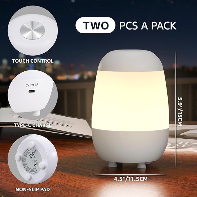 uuffoo 2 Pack Rechargeable Night Light Lamp 3 Color Touch Dimmable LED Portable Table Lamp Battery Operated, USB Changing, Small Cordless Lamp for Bedside Bedroom Travel