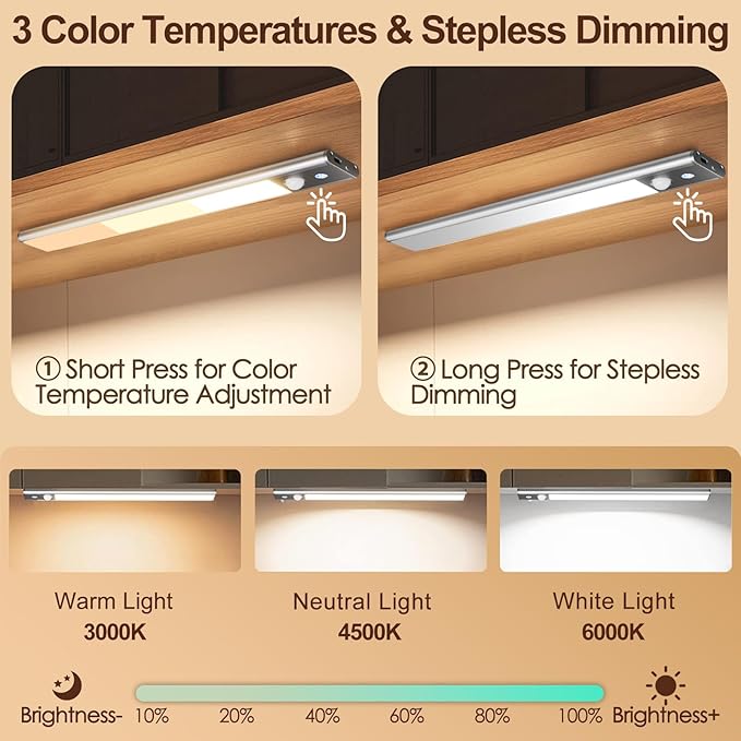 Quntis LED Under Cabinet Lighting Rechargeable, Wireless Motion Sensor Light Indoor, 2 Pack 12" 3000-6000K Dimmable Closet Lights Battery Operated, Magnetic/Stick on Under Counter Lights for Kitchen