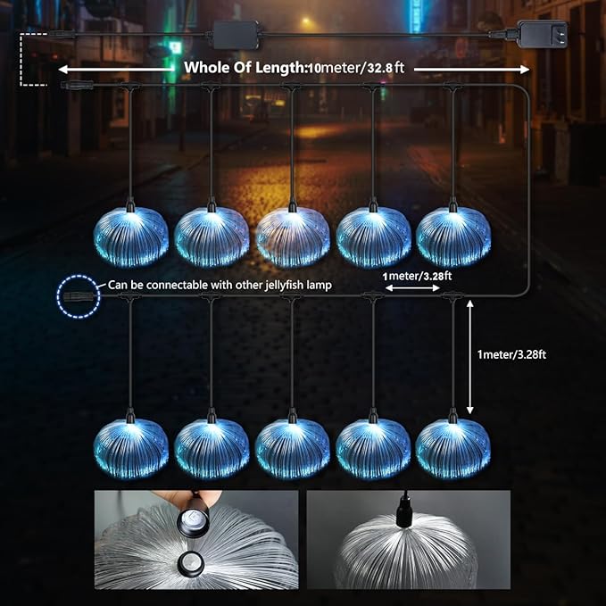 AZIMOM Smart 10pcs Fiber Optic Jellyfish Lamp 32.8ft APP Control Timing Music Sync RGBW Colorful IP67 Waterproof Outdoor Fairy Hanging String Light Garden Trees Christmas Party Wedding Ceiling Decor