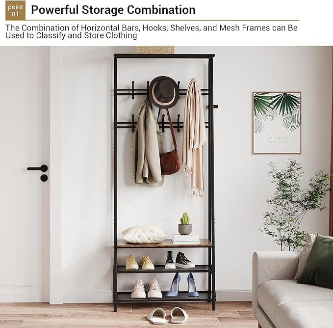 Coat Rack Hall Tree with Shoe Storage Bench, 4-in-1 Entryway Bench with 6 Hooks & 3-Tier Shoe Rack, Metal Frame for Entryways, Freestanding Coat Racks Storage for Entryway, Hallway, Front Door