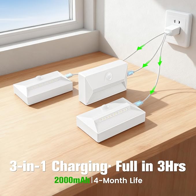 VOLISUN Motion Sensor Stair Light Rechargeable 2 Pack, Night Lights 3 Modes & 3 Color Temperatures, Magnetic Rechargeable Stick-On Lights for Stairs, Hallway, Cabinet(White)