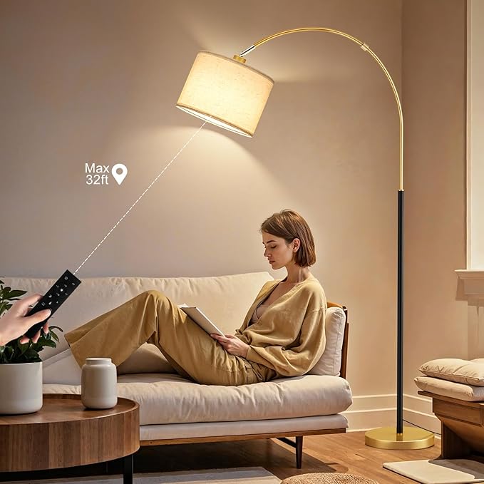 Ambimall Dimmable Arc Floor Lamp with Remote, Color Temperatures and Brightness Adjustable, Arched Floor Lamp with Rotating Head, Over Couch Arched Reading Light for Living Room (Black and Gold)
