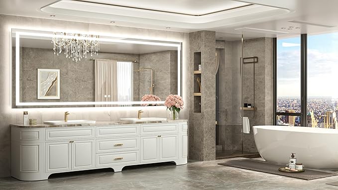 TETOTE 96 x 36 LED Lighted Bathroom Mirror with Lights Wall Mounted, Brighter Front and Backlit Led Vanity Mirror, 3-Color Dimmable Light up Anti Fog Mirror, Waterproof, Shatterproof Tempered Glass