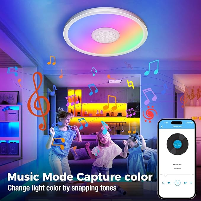 Zemty RGB Ceiling Light with Bluetooth Speaker, 24W 12Inch Smart Music Lights 3000K-6500K Dimmable with APP and Remote Control, Color Changing Led light Fixture Flush Mount for Bathroom Shower Bedroom