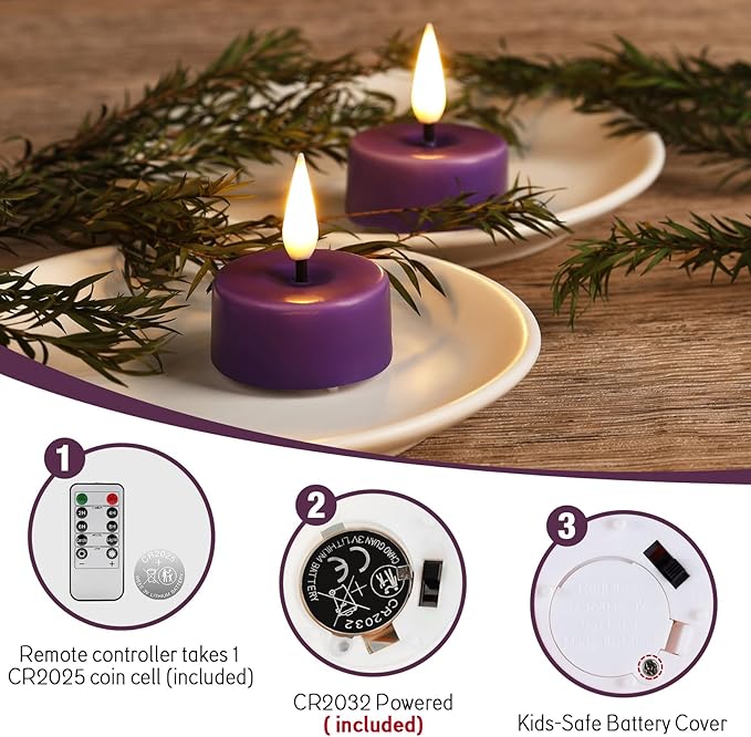 Eywamage Purple Flameless Wax Tealights with Remote Batteries, Flickering LED Tea Votive Candles Set of 10