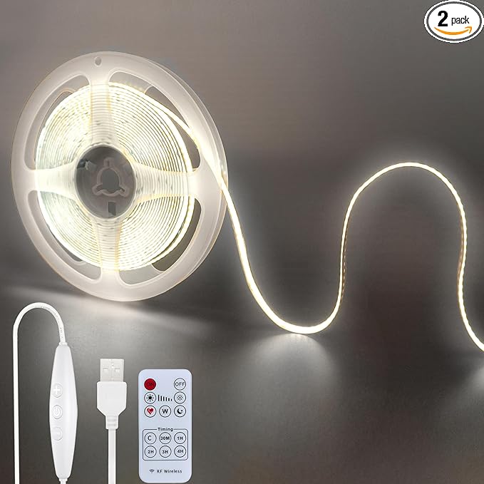 5V USB COB LED Strip Lights with Remote Dimmable Switch 2packs,9.84FT/3M,Cool White 6500K,320LEDs/M,8mm Width,Not Waterproof IP20,1.5M USB Switch Cable,for DIY Home Indoor Decoration